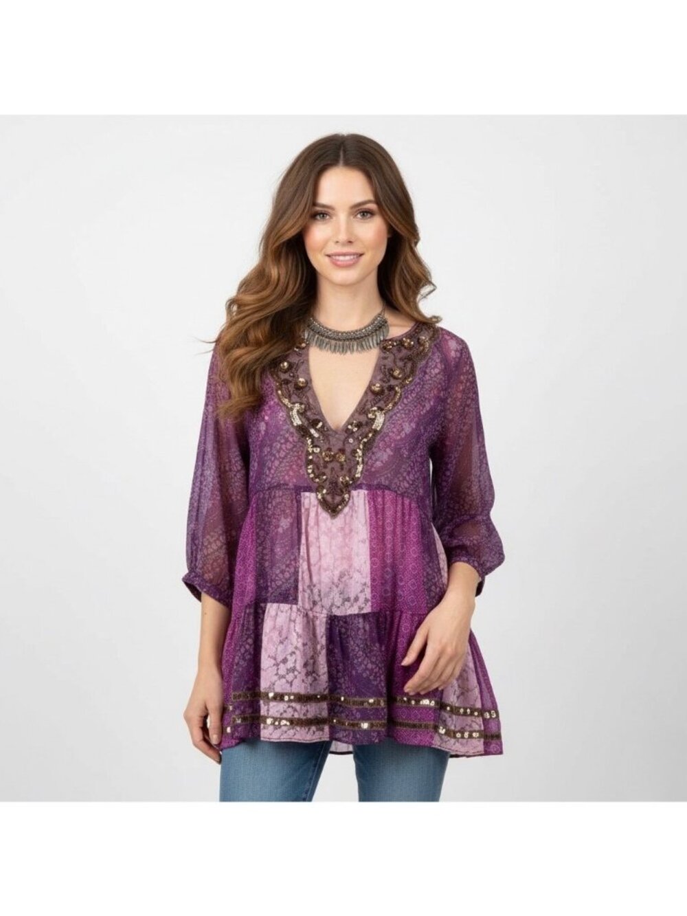 VTG Free People Purple Patchwork Chiffon Top | Boho Grunge Fairy Whimsigoth Y2K - Picture 2 of 16